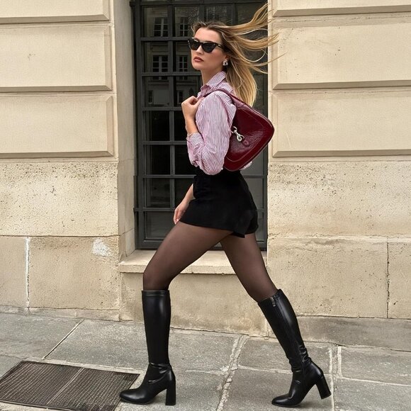 Women's Black Lumeheel Knee High Round Chunky Heel Side Zip Tall Boots - Picture 3 of 6